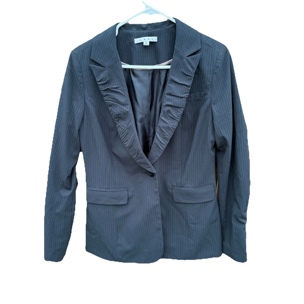 Cab #601 Womens Black Pinstripe Ruffled Blazer Size 6 Ruched